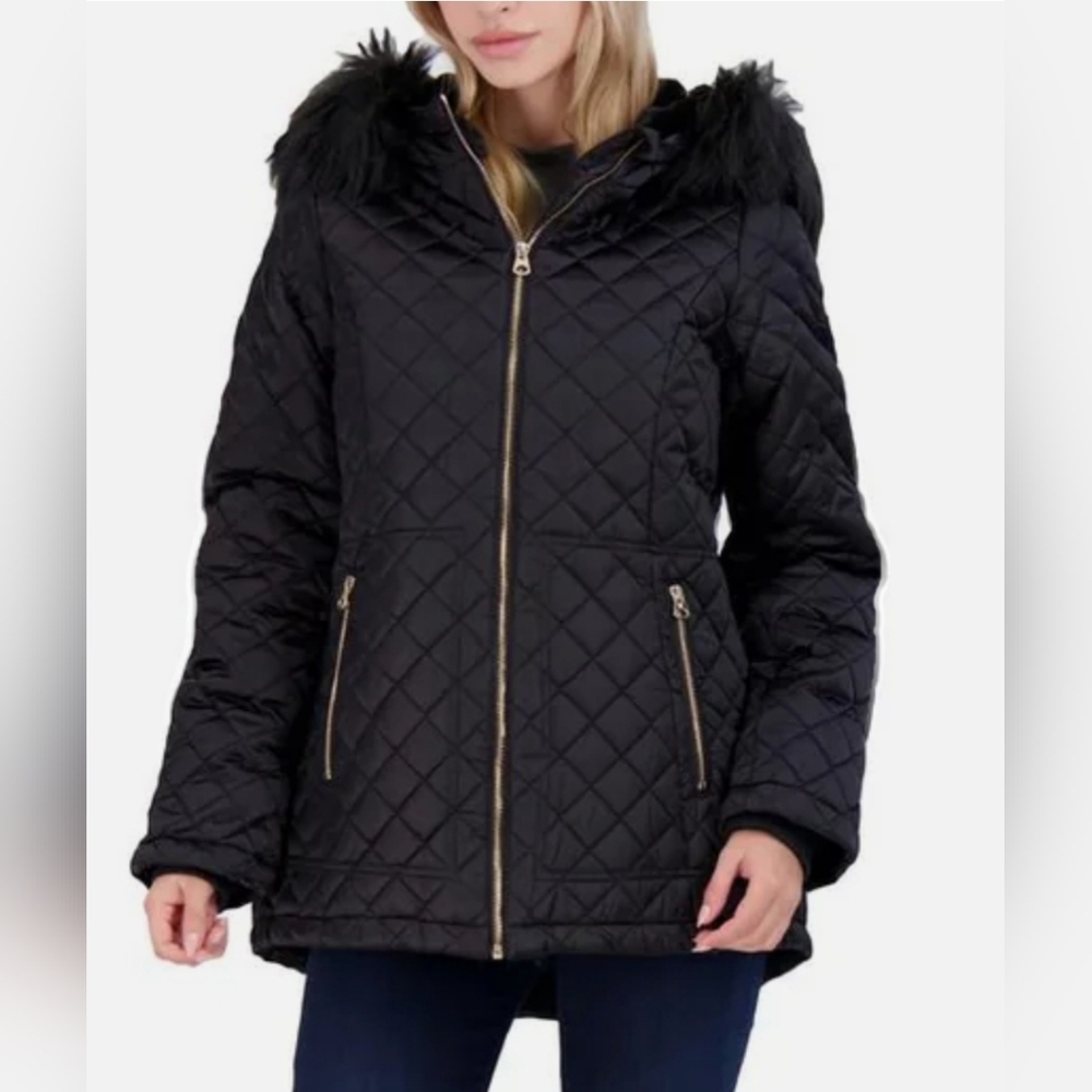 NWT- $200 JESSICA SIMPSON Black Faux Fur Hooded Coat Jacket -M
